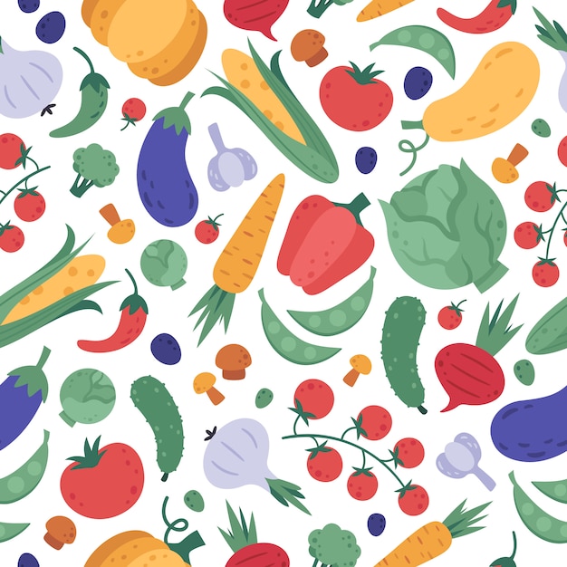 Vegetables seamless pattern. Doodle vegetarians colourful veggies wrapping, cartoon natural products vegan fabric, meal menu design. Organic vegetables  background. healthy detox eating texture