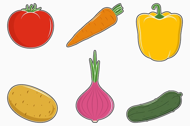 Vegetables set Tomato carrot pepper or paprika potato onion and cucumber icons collection Vector illustration