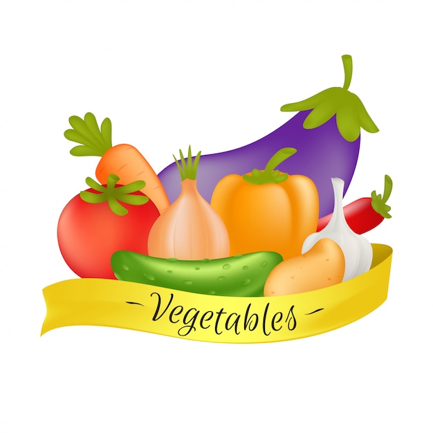 Vegetables set with yellow ribbon. Cartoon healthy food concept with veggies isolated on white background - carrot, cucumber, paprika, potato, garlic, onion, tomato, eggplant, and bell pepper