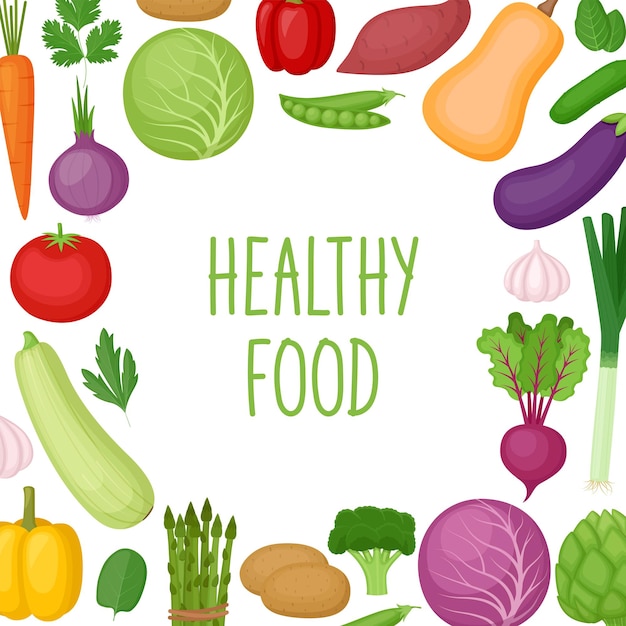 Vegetables in square composition Healthy food Organic market banner Vector illustration