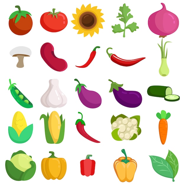 Vegetables vector clip art set cucumber garlic bay leaves eggplant green peas bell pepper chili pepper onion parsley tomato