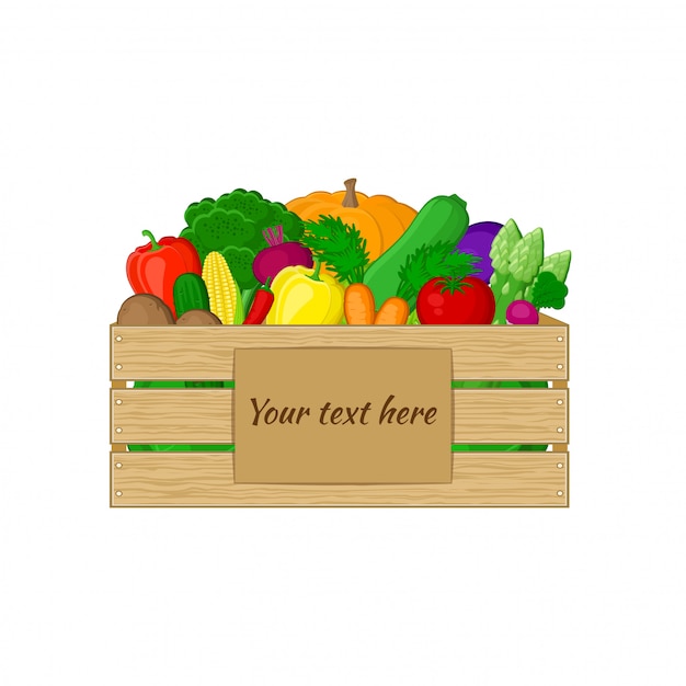 Vegetables in a wooden box with signboard