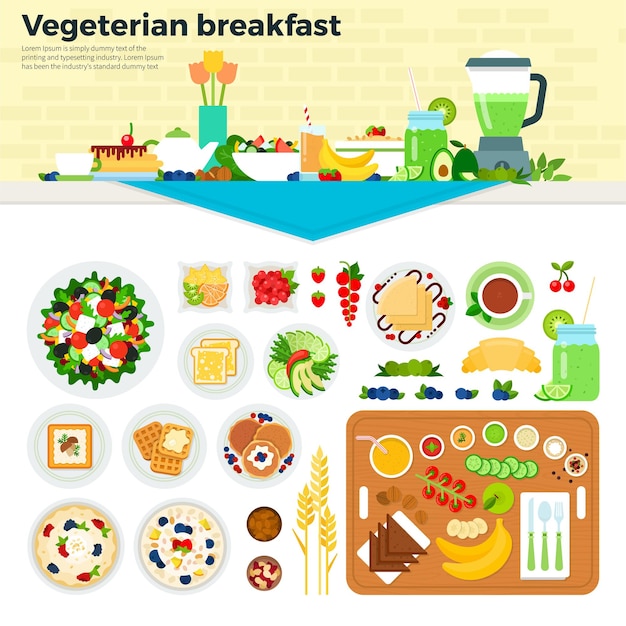 Vegetarian breakfast on the table with tablecloth Salad vegetables fruits and cakes