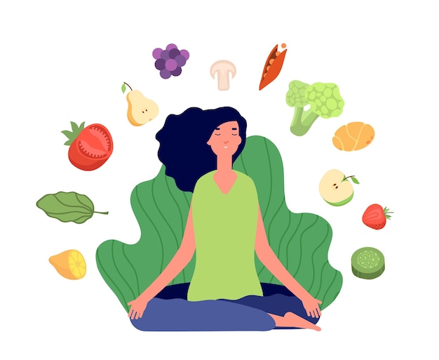 Vegetarian female character Young woman meditation eco products or healthy food Green vegan lifestyle vegetables and fruits utter vector concept