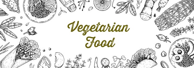 Vector vegetarian food background hand drawn vector illustration in sketch style