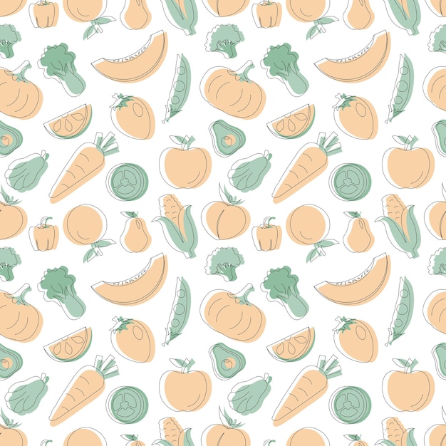 Vegetarian, Fruit and Vegetables Seamless Pattern Design Flat Cartoon Background Illustration