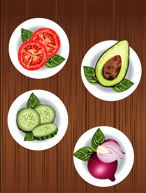 Vegetarian healthy food with vegetables in dish over wooden background