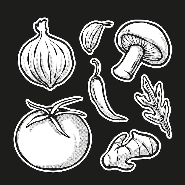 Vegetarian illustrations hand drawn technique black and white