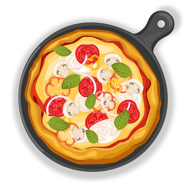 Vegetarian pizza on a graphite board with ingredients. Vector illustration made in cartoon