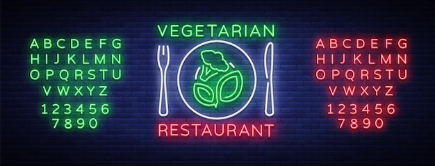 Vegetarian restaurant logo Neon sign vegan symbol bright luminous sign neon advertising