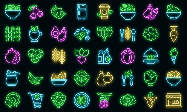 Vegetarianism icons set outline vector. Vegan fruit. Diet broccoli