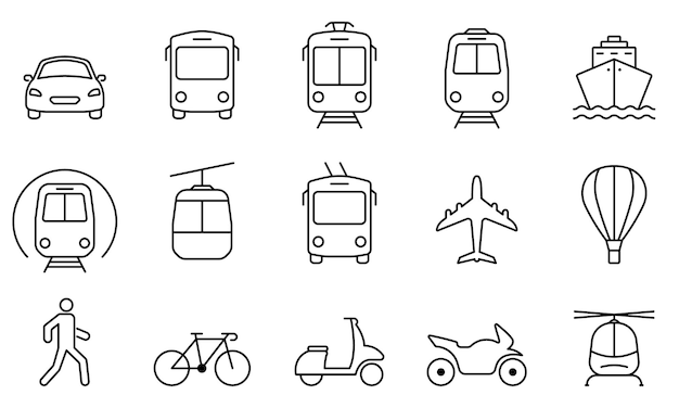 Vehicle Air Railway Bike Transport Line Icon Car Bus Tram Train Metro Plane Ship Linear Pictogram