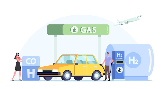 Vehicle Hydrogen Fuel Filling Service, Green Energy, Biodiesel. Driver Characters Refueling Car on Station Concept. Man Pumping H2 Petrol for Charging Auto, Cartoon People Vector Illustration