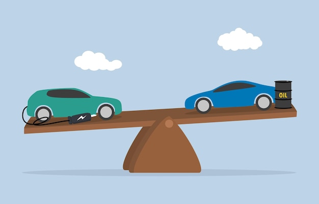 Vehicle industry competition concept. Comparison between electric car and patrol car on seesaw.