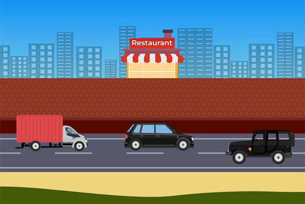 Vector vehicle moving on an urban road with a street restaurant vector cars on a cityscape background and brick wall illustration city restaurants and traffic on the road flat design concept