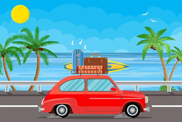 Vehicle transport with surfboard and suitcases on a beach with palms.