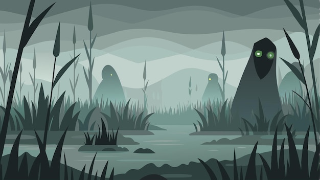 Vector veils of mist cling to the tall grasses and reeds concealing the creatures that lurk within the murky waters