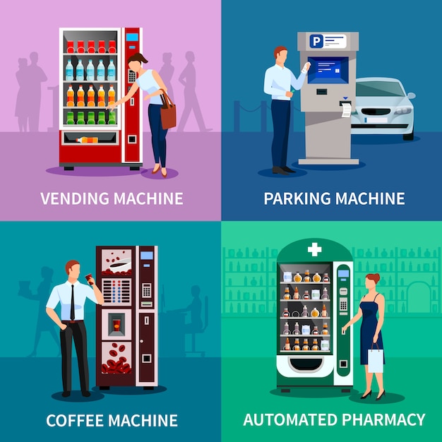 Vending machine concept image set with parking and coffee machines