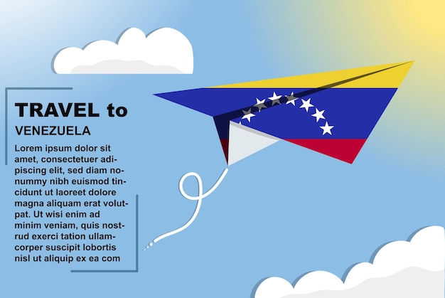 Venezuela travel vector banner with paper flag and text space flag on paper plane vacation concept