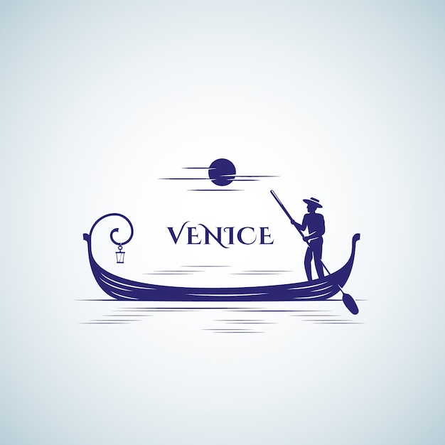 Vector venice boat, emblem or logo template. floating gondola, moon and boatman silhouette.