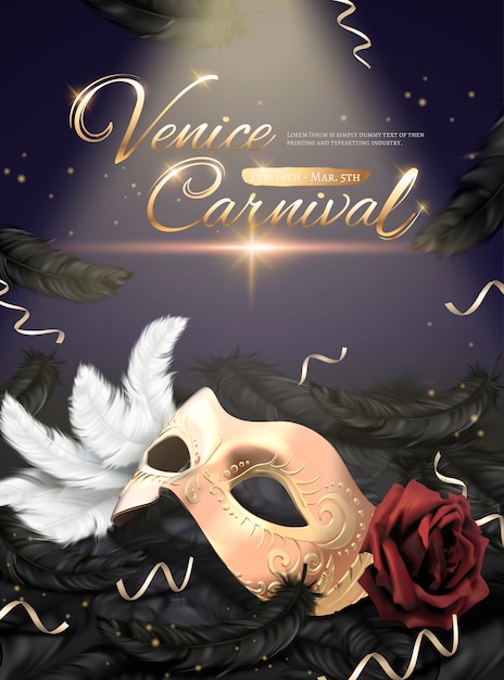 Venice Carnival poster with golden mask and black feathers