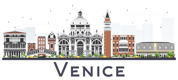 Venice Italy City Skyline with Color Buildings Isolated on White Background. Vector Illustration. Business and Tourism Concept with Historic Architecture. Venice Panorama Cityscape with Landmarks.