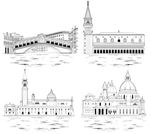 Venice landmarks and tourist attractions set