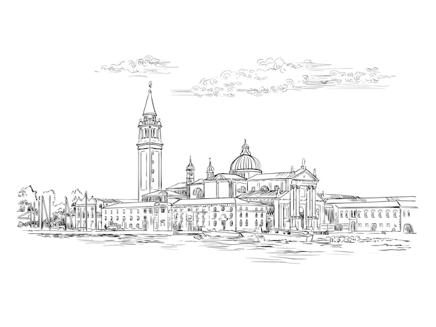 Venice skyline view hand drawing vector illustration panorama