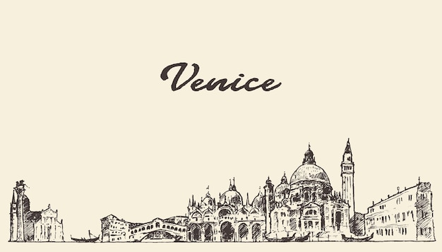 Venice skyline, vintage vector engraved illustration, hand drawn, sketch