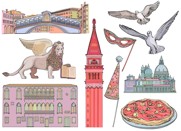 Venice tourist attractions sketch set