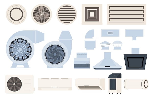 Ventilation systems and air conditioners Fresh clean air in the room Air conditioning and air temperature regulation Vector illustration