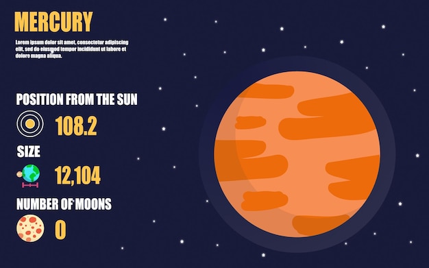 Venus planet infographic including planet size, position from sun, moons on space background.