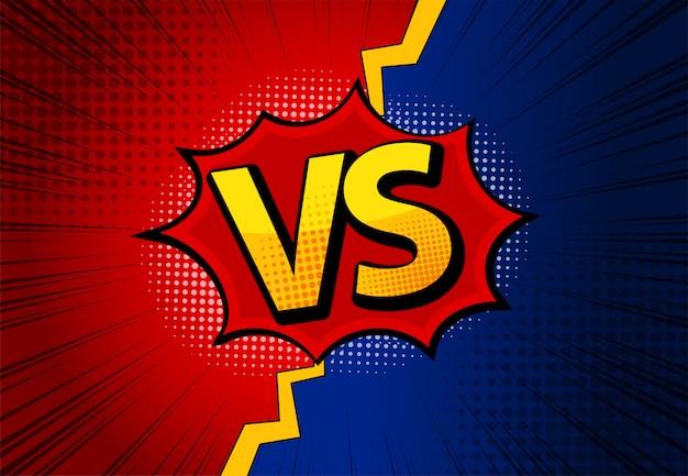 Versus VS letters fight backgrounds in flat comics style design with halftone, lightning.