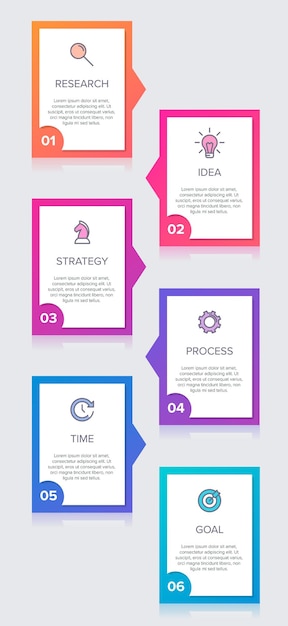 Vertical business infographic design with icons and 6 options or steps. Timeline or process.