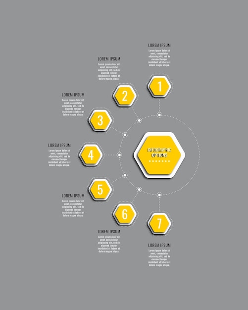 Vertical business infographic template with seven yellow hexagonal elements on a grey background