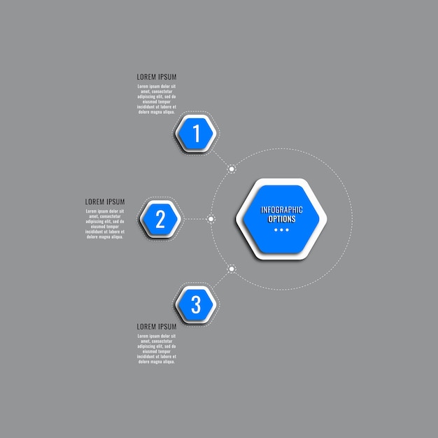 Vertical business infographic template with three blue hexagonal elements on a grey background