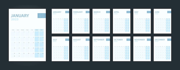 Vertical calendar 2023 set of 12 pages of calendar 2023