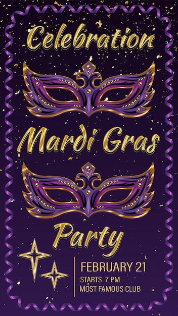 Vector vertical carnaval purple poster with mask stars spiral ribbon golden text social media story size