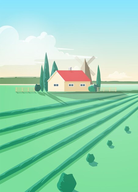 Vector vertical countryside landscape with agricultural building and plowed green field against windmill and sky with clouds