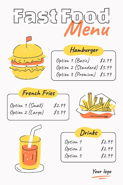 Vector vertical fast food menu template with hand drawn food elements