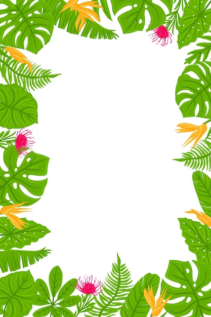 Vertical Frame from tropical leaves palms plants flowers monstera Vector background