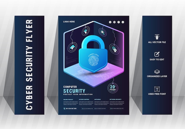 Vector vertical gradient cyber security flyer template design