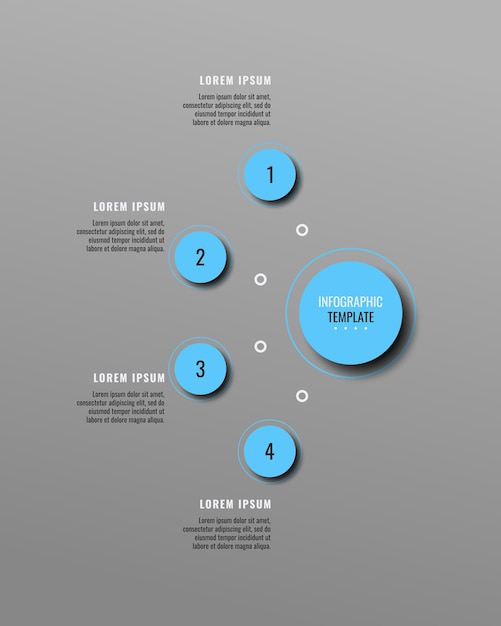 Vertical gray business infographic template with four light blue round elements and textboxes