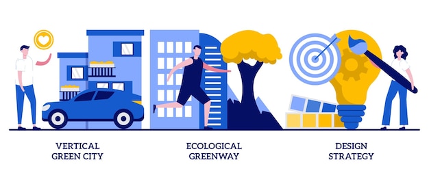 Vertical green city, ecological greenway, design strategy concept with tiny people. Environmental urban solutions vector illustration set. Space-saving eco solution, landscape ecology metaphor.