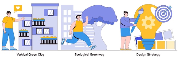 Vertical Green City Ecological Greenway Design Strategy with People Characters Illustrations Pack