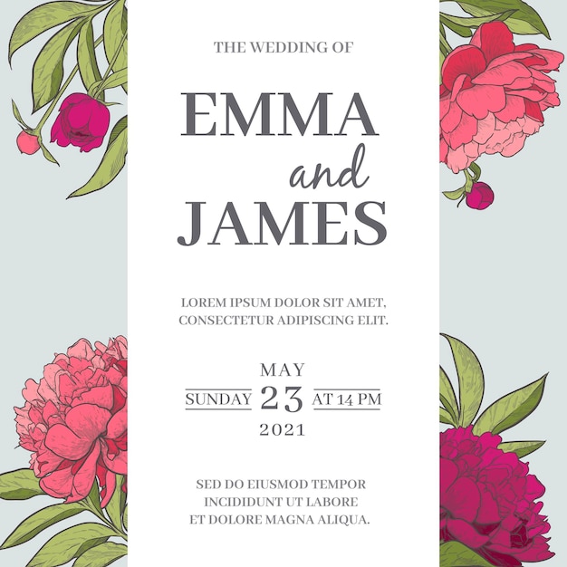 Vertical hand drawn peony flower frame An invitation template for a wedding anniversary holiday