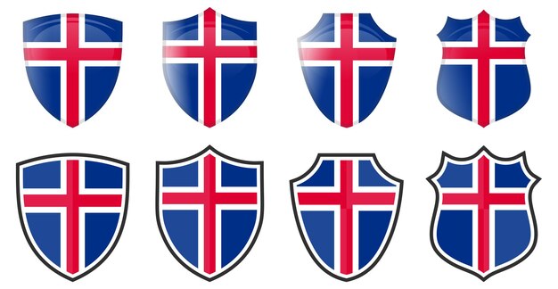 Vector vertical iceland flag in shield shape, four 3d and simple versions. icelandic icon / sign