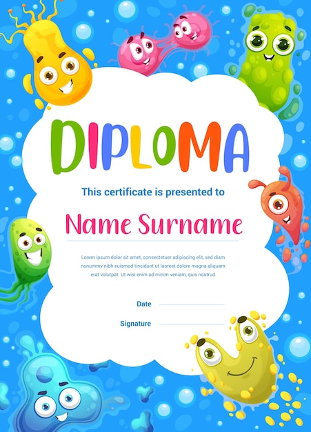 Vertical kids diploma certificate with cartoon viruses and microbes. School graduation diploma, child education or kindergarten vector certificate with smiling bacteria, cute microorganism characters