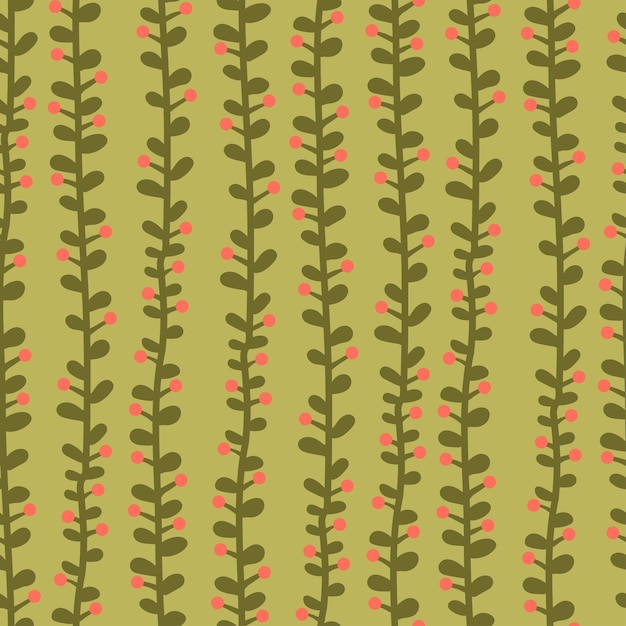 Vertical lash branches with leaves and red berries vector seamless pattern Floral botanical texture