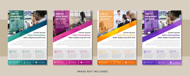 vertical layout modern business flyer design with polygonal pattern using blue, pink, purple, orange and green colors